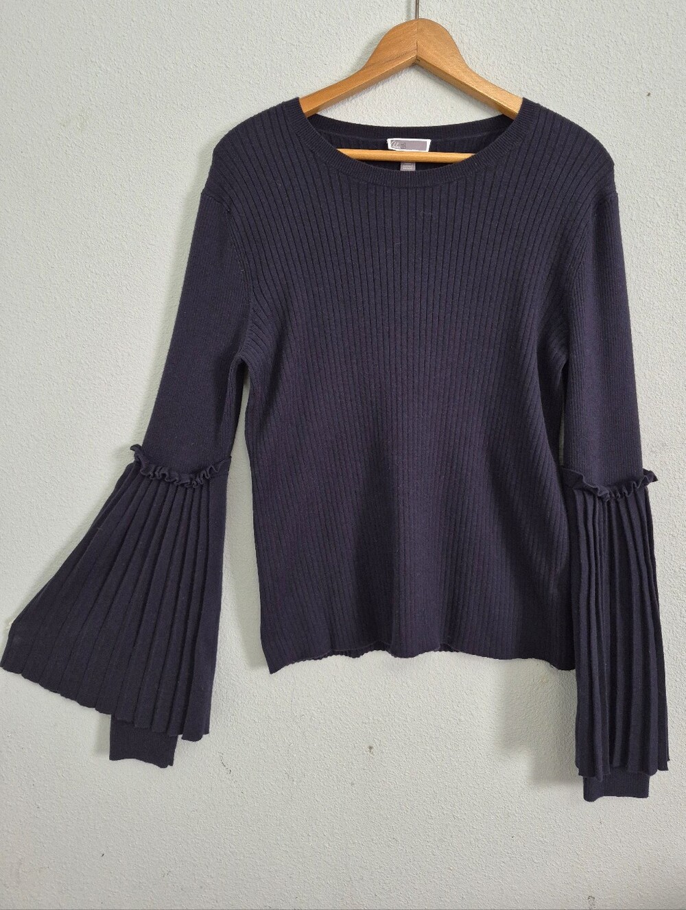 Chelsea 28 Pleated Bell Sleeve Ribbed Navy Sweater L Dark Academia Whimsigoth